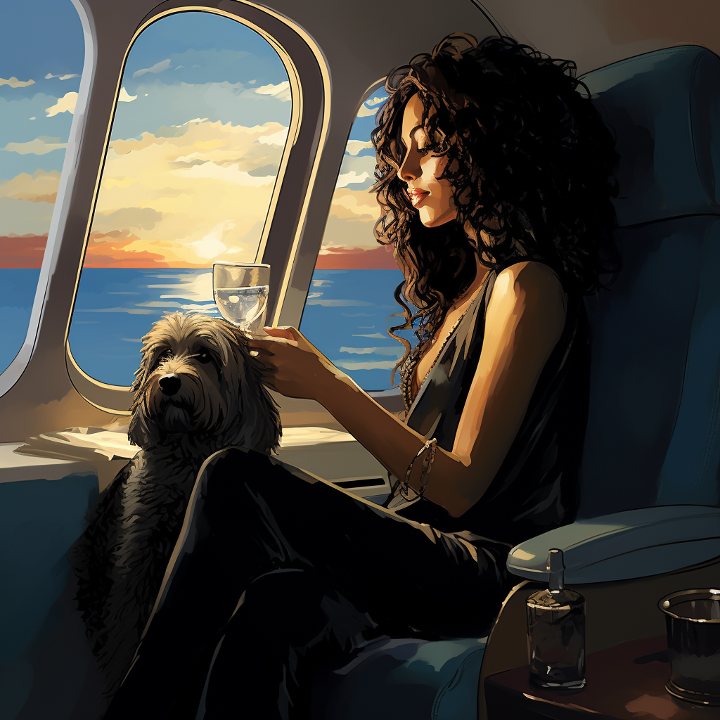 Curly-haired Latina woman enjoying luxury in private jet