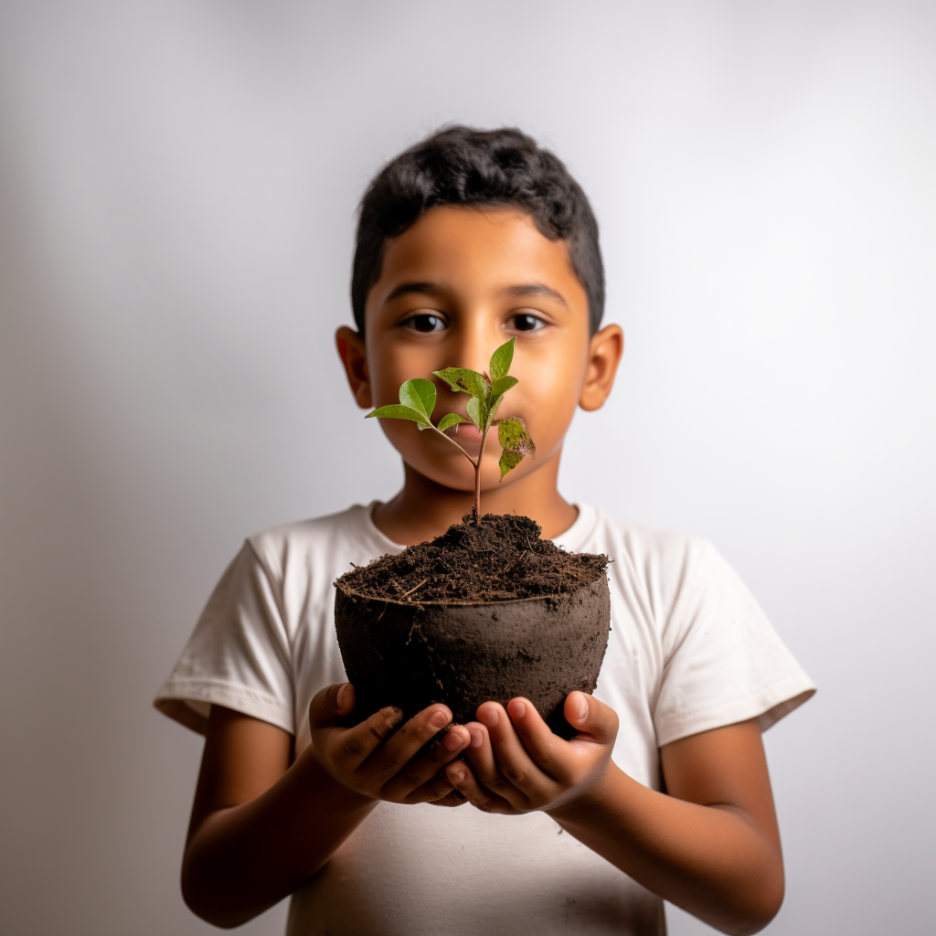 Latino child holding young plant with earth