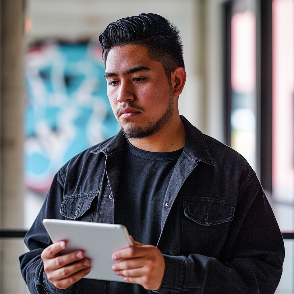 Latino man with tablet in tech space