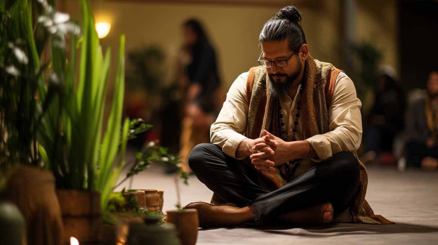 Latino man in contemplative plant medicine ceremony