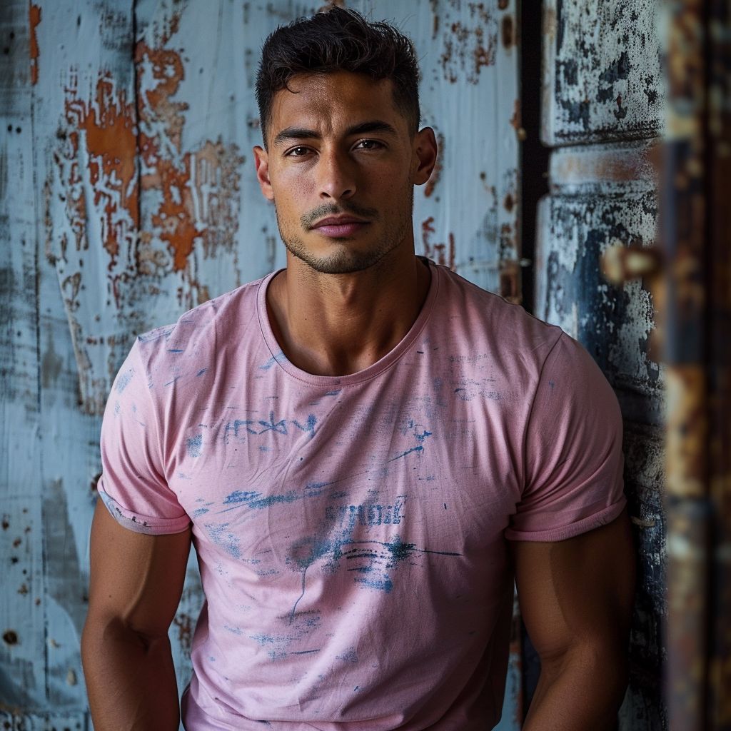 Latino man in pink shirt and jeans