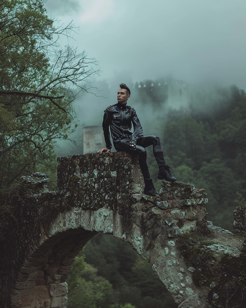 Latino man sitting on stone bridge