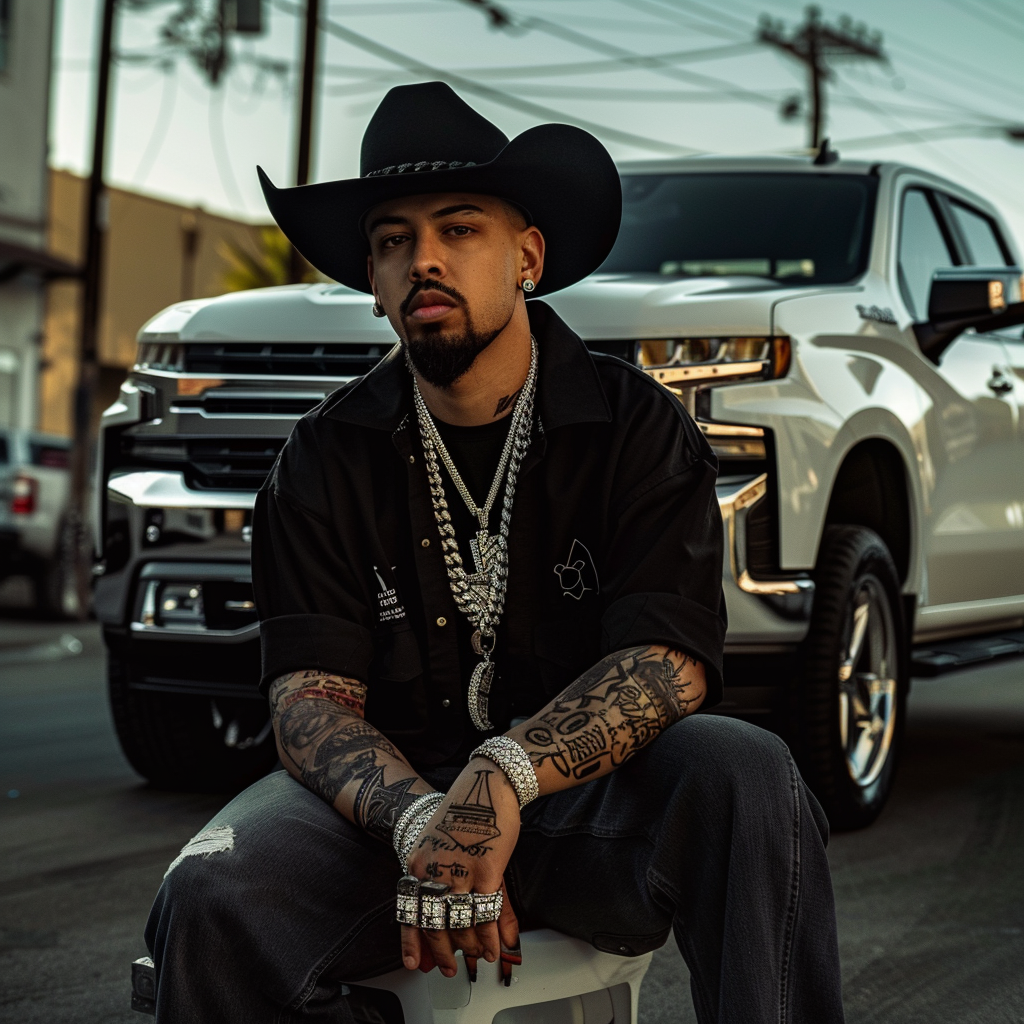 Latino rapper black hat silverado car