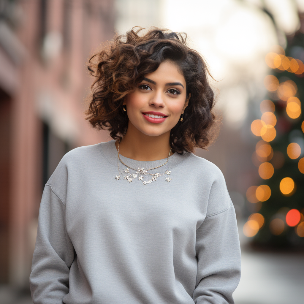 Latino woman in Gildan sweatshirt on Christmas Day