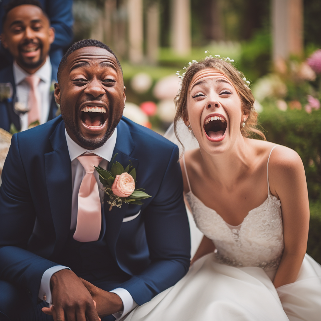 Surprised laughing bridesmaid and groomsman