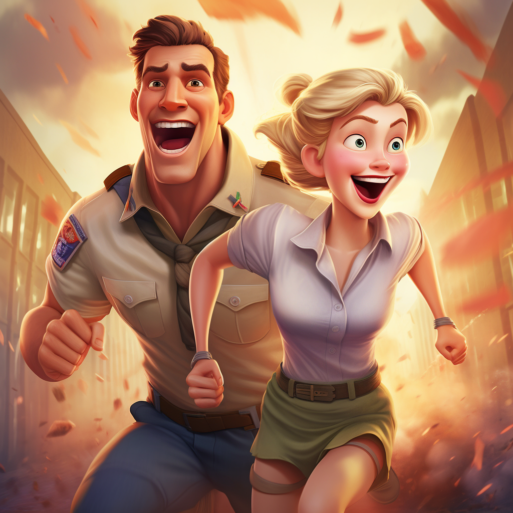 Image of laughing couple running from villain