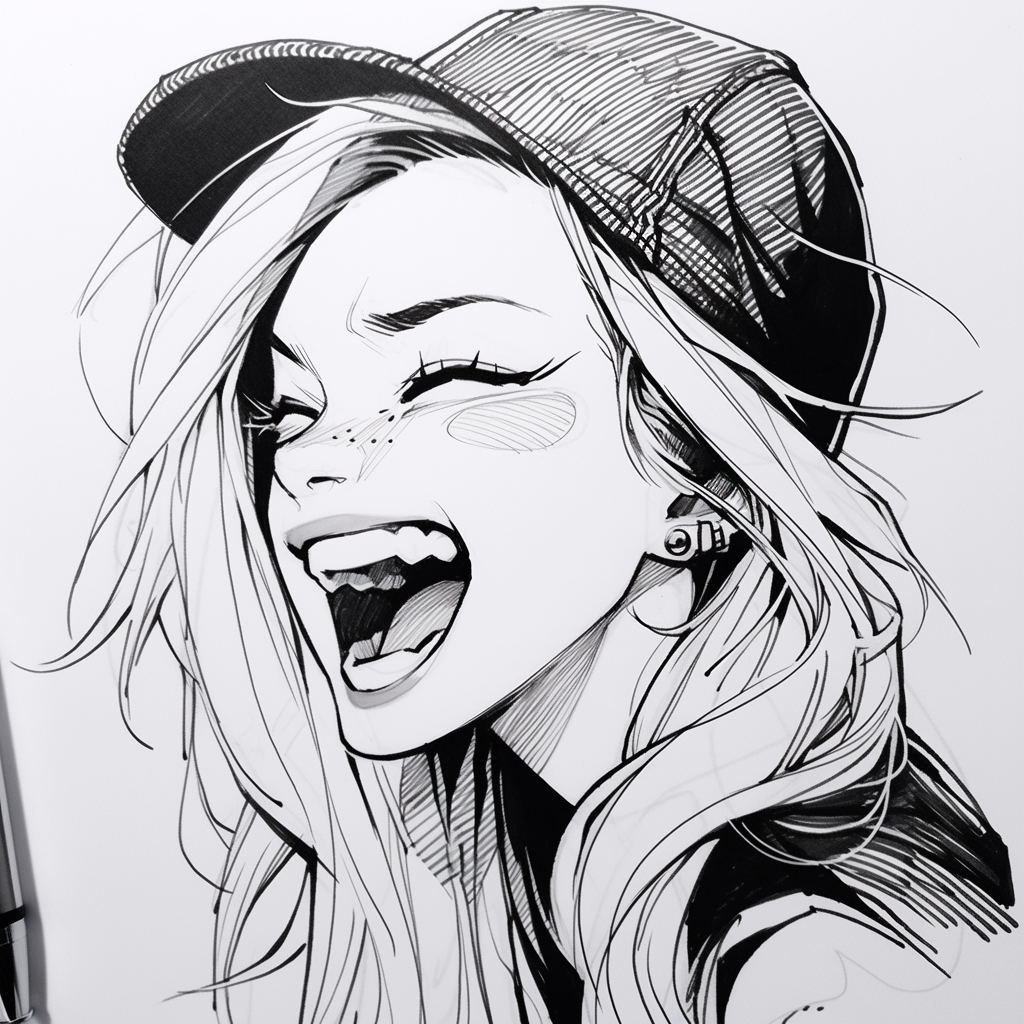 Half Body Ink Sketch of Laughing Girl