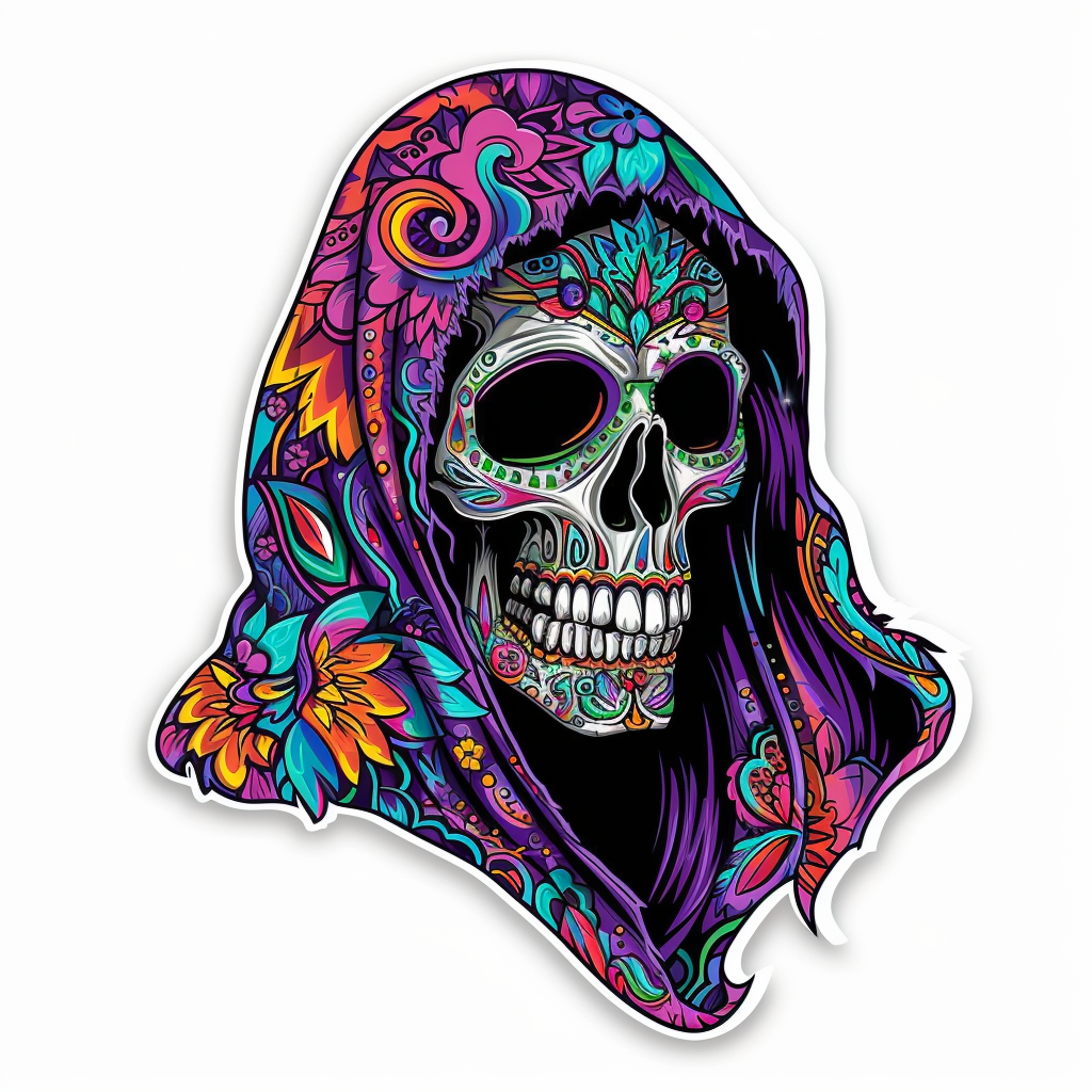 laughing grim reaper psychedelic colors sticker white background