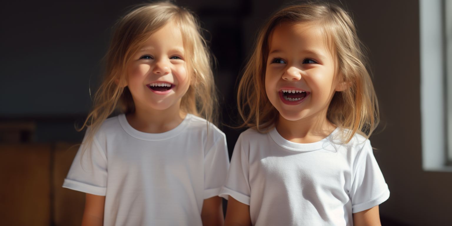 Two adorable kids in a shared T-shirt laughing