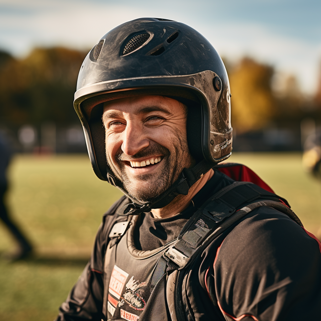 Man in motorcycle helmet laughing on rugby field