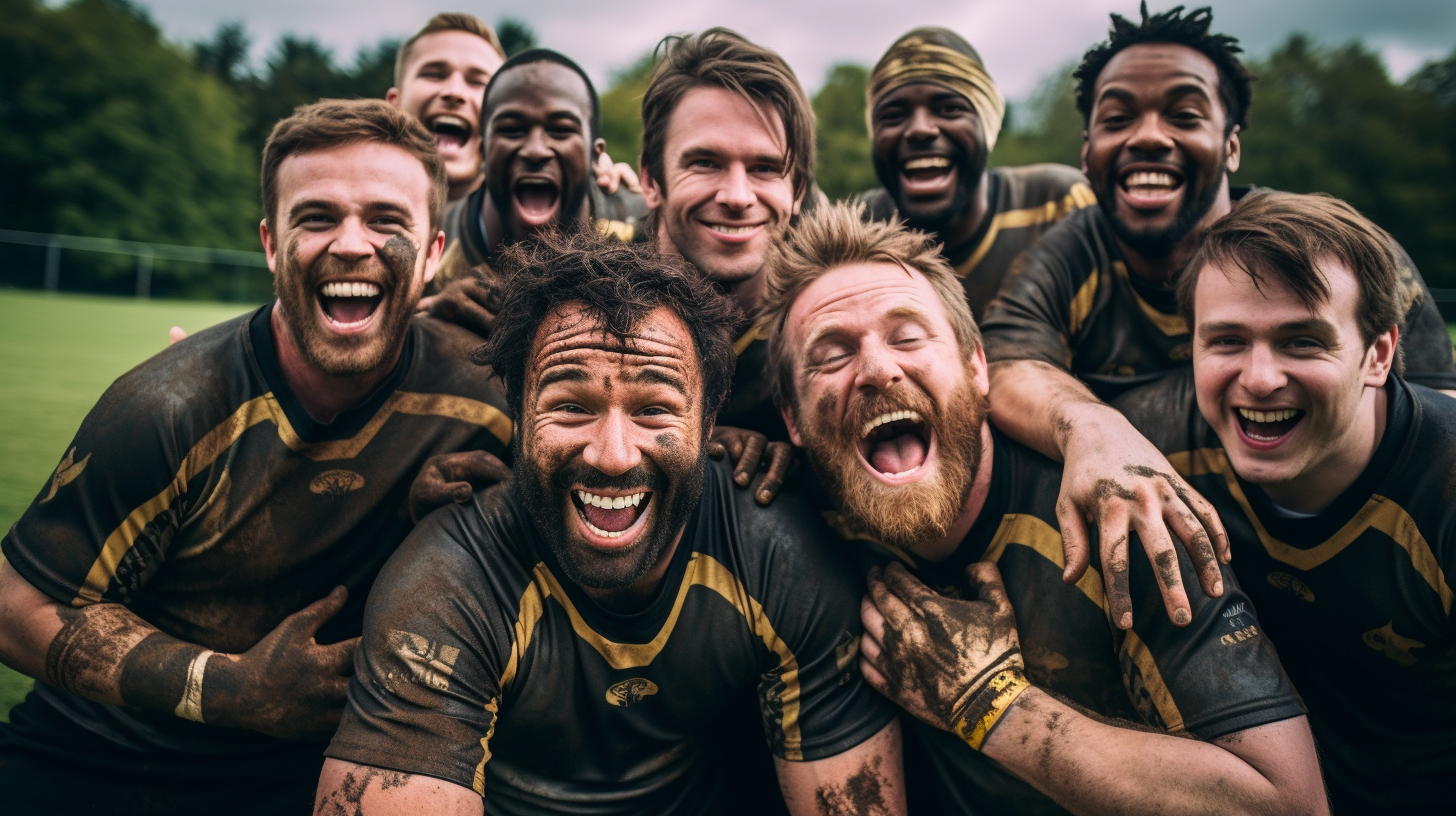 Men in Sports Gear Laughing on Rugby Field