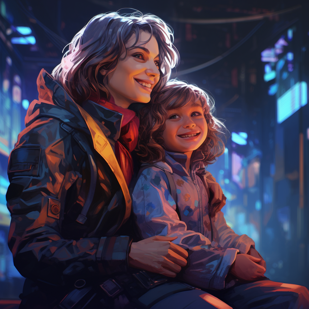 Smiling mother and daughter in cyberpunk attire