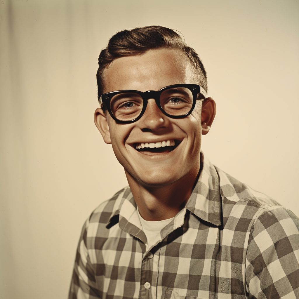 Nerdy white guy laughing in vintage yearbook photo