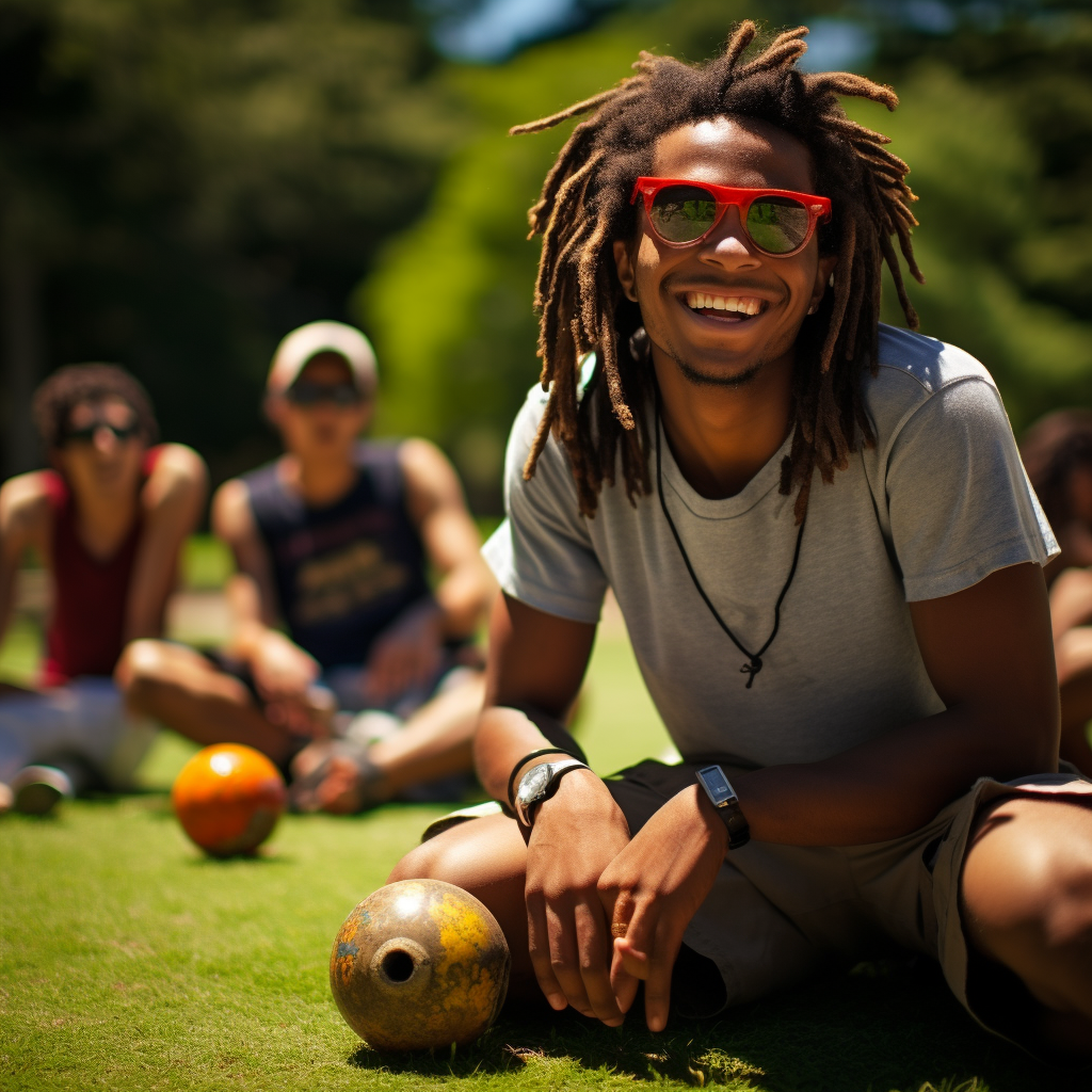 Laughing college student playing bocce ball