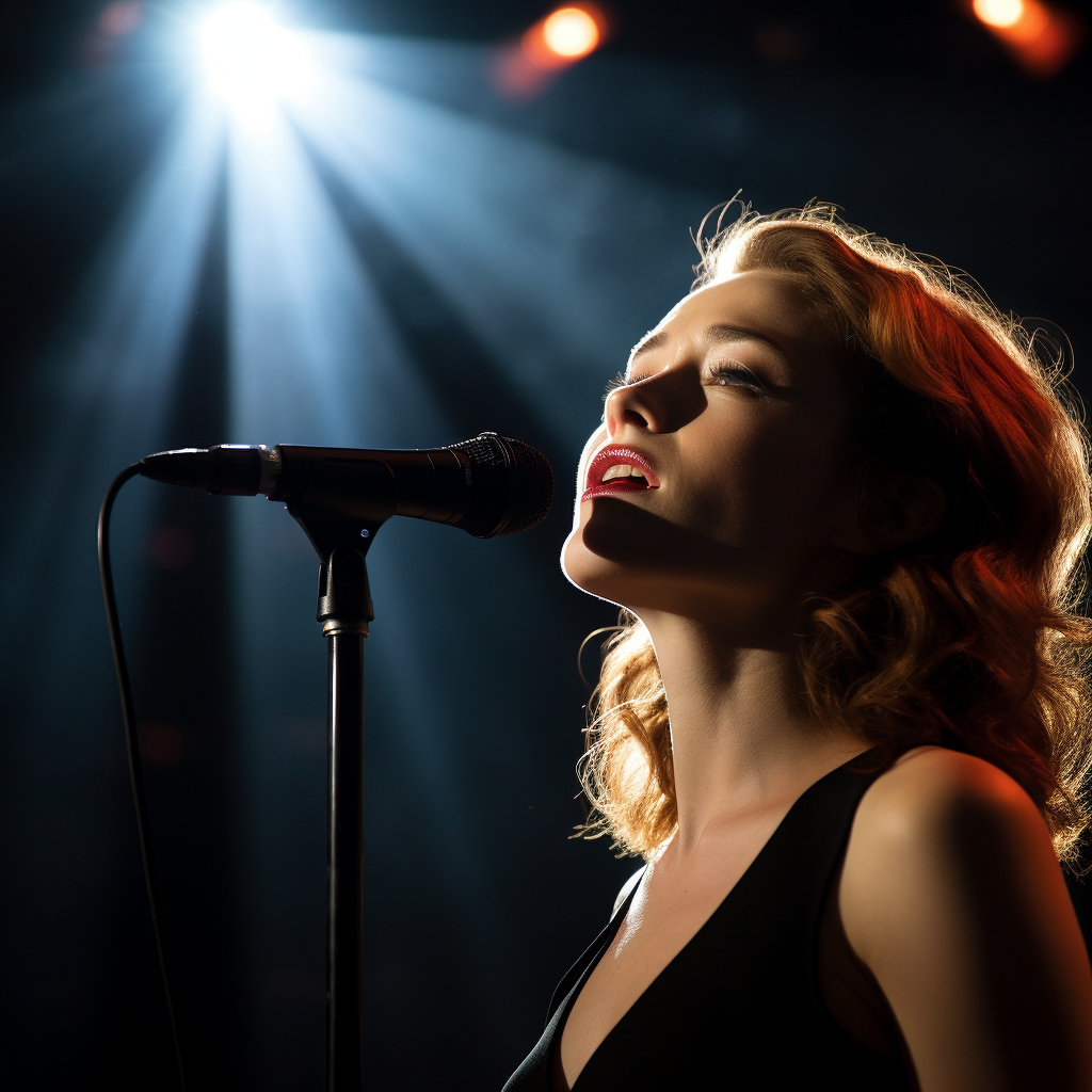 Laura performing under spotlight singing passionately