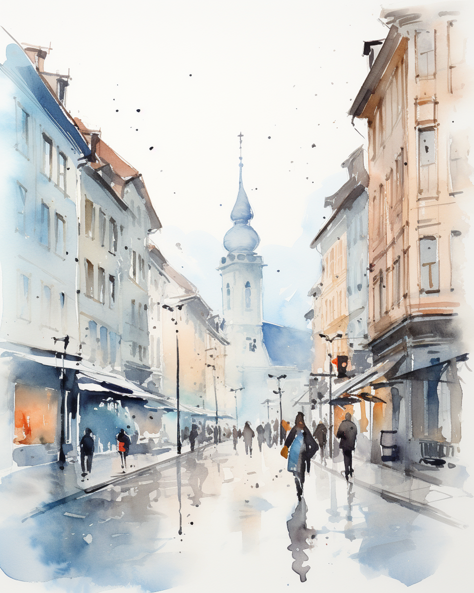 Expressive watercolor sketch of Lausanne France main street