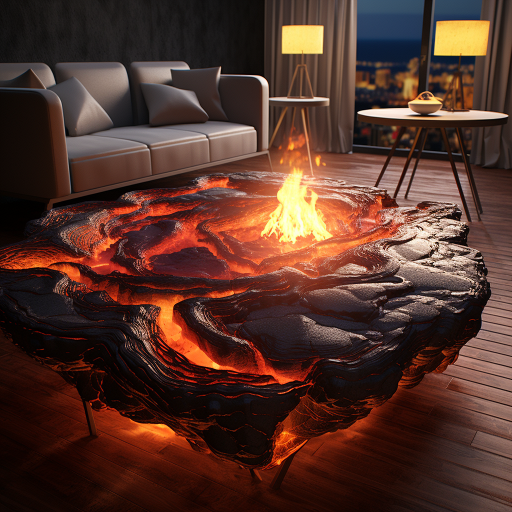 Center table with overflowing lava volcano