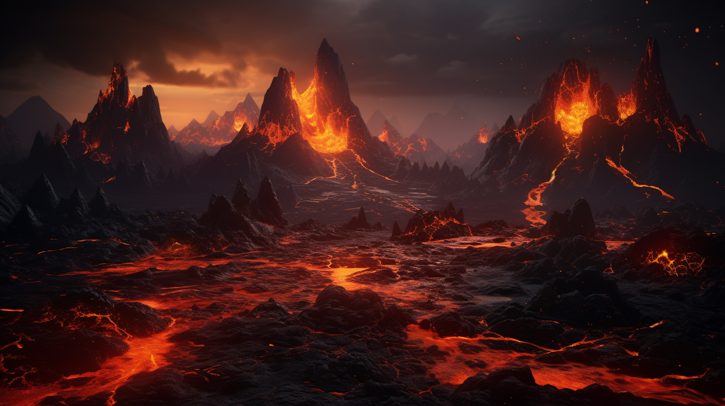 Lava field with volcano and ash