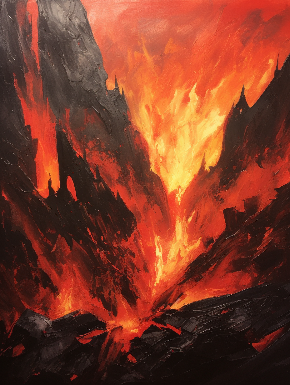 Acrylic painting of lava forge in the mountains