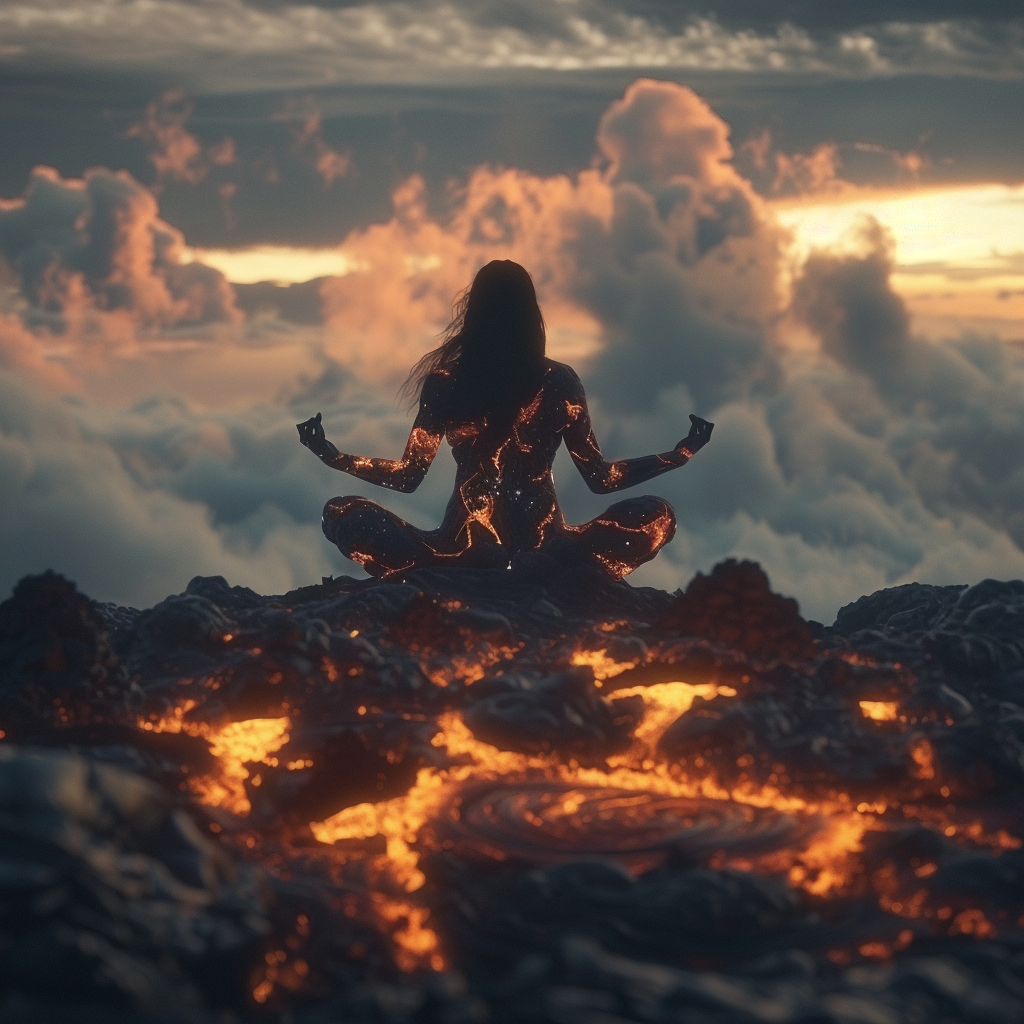 Lava Woman Meditating in Fiery Sky