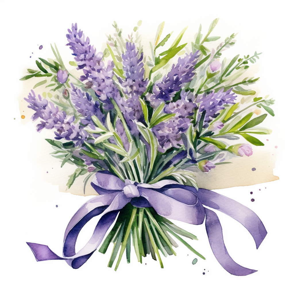 Vibrant lavender bouquets with purple ribbons