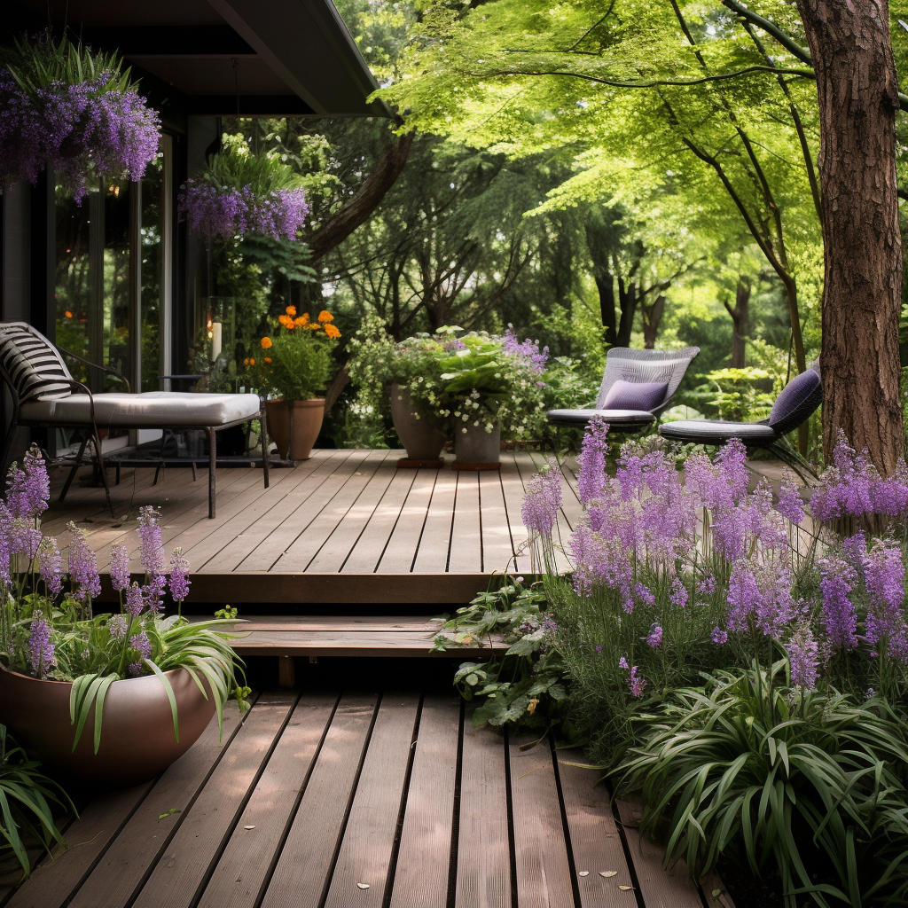 Lavender garden surrounded by maple trees and wooden deck