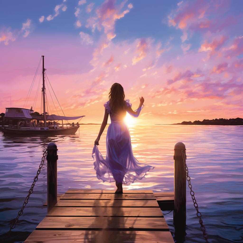 girl on dock reaching boat at sunset