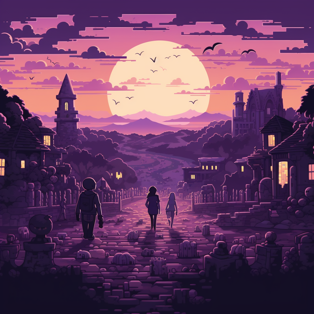 Pixelated people walking through Lavender Town