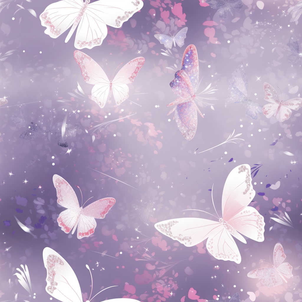 Colorful butterflies and sparkles on lavender, white, and pink background