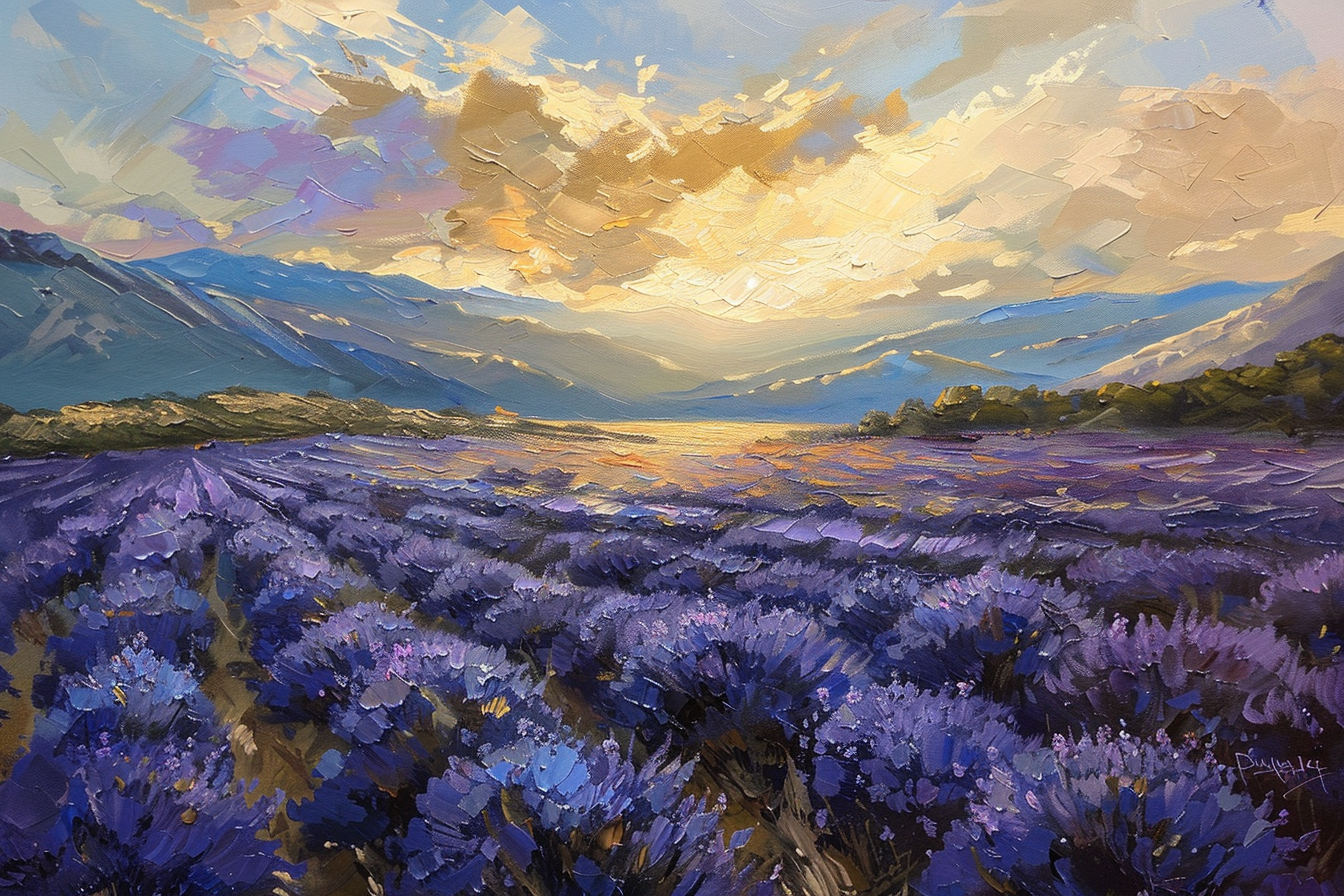 Oil painting lavender field sunset mountains