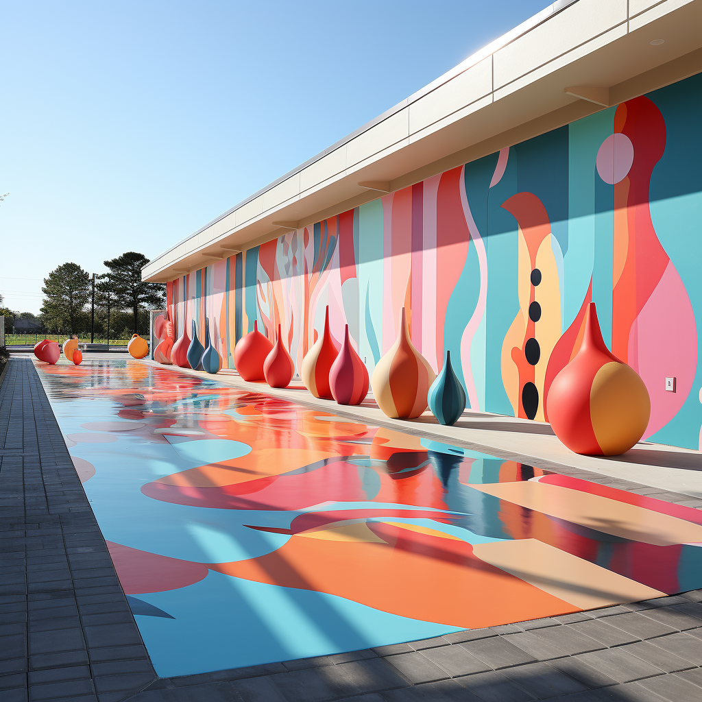 Geometric motion of player silhouettes on lawn bowling mural