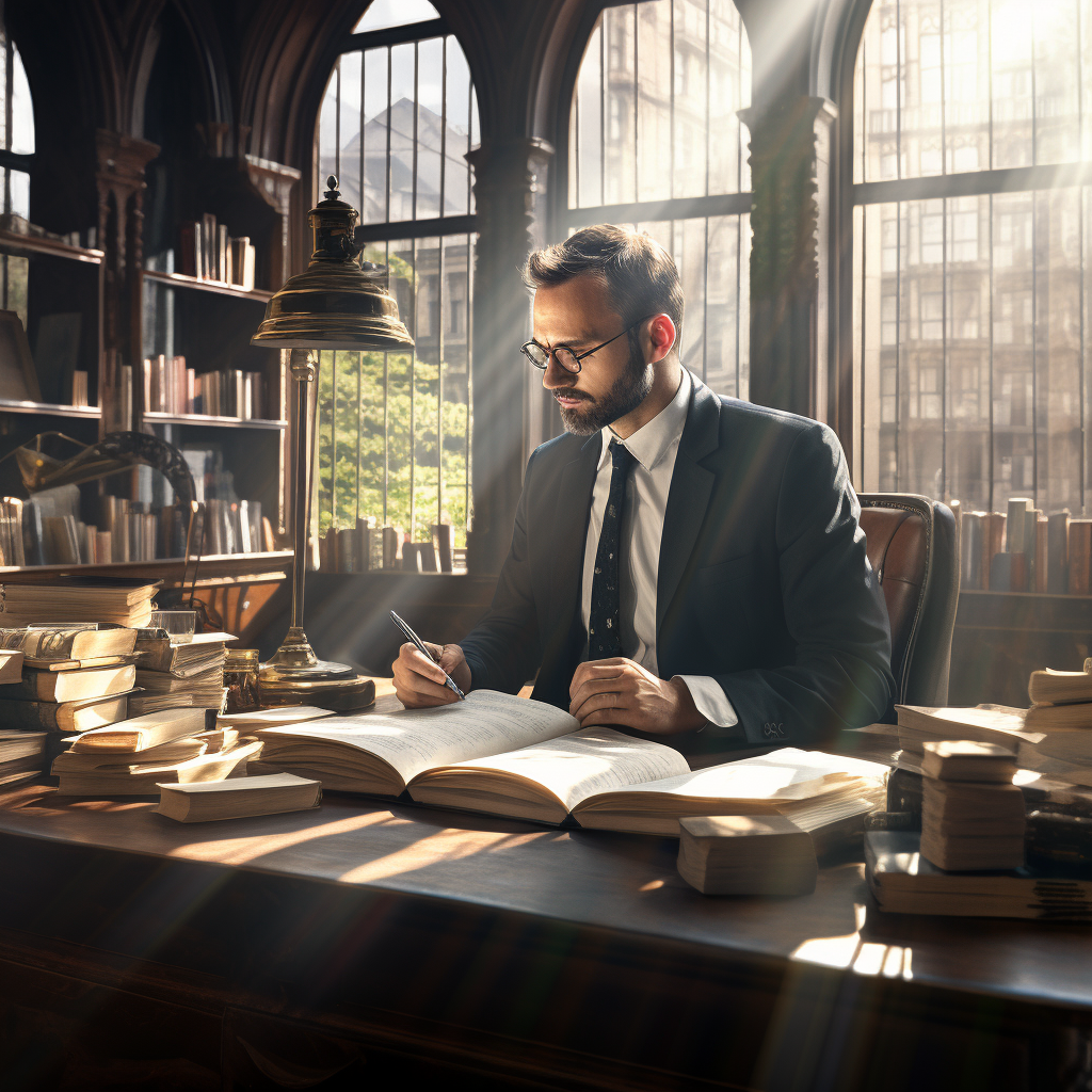 Lawyer in Suit Drinking Coffee at Desk