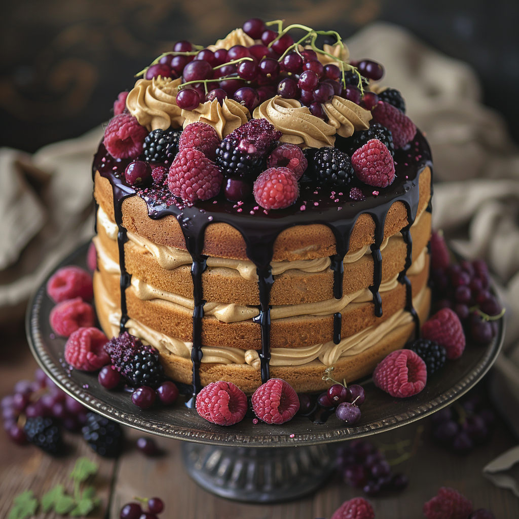 Decorated layered cake on stand