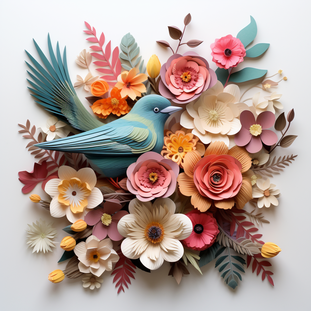 Three-dimensional layered flowers with a bird in the middle