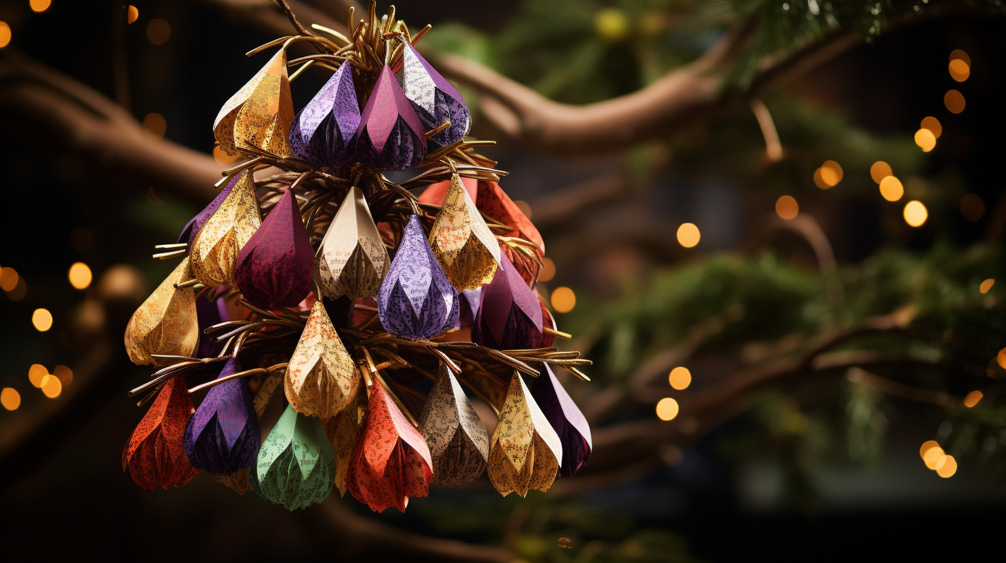 Detailed origami partridge in paper pear tree