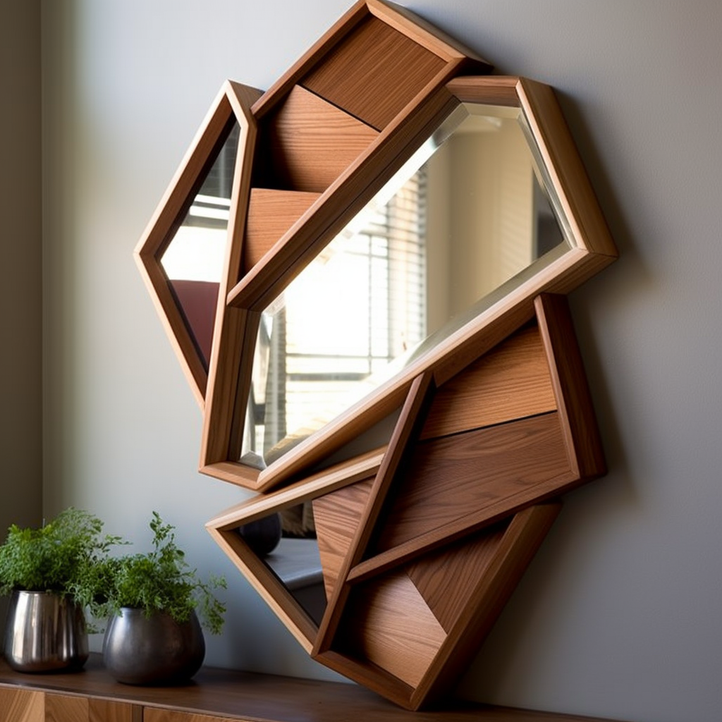 Layered wooden mirror with geometric shapes