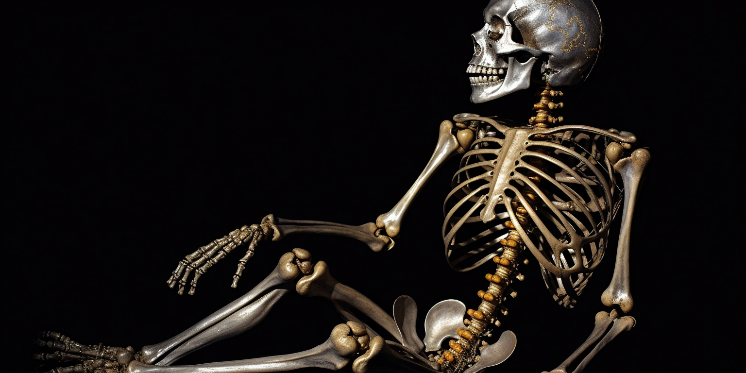 Skeleton lying on black background