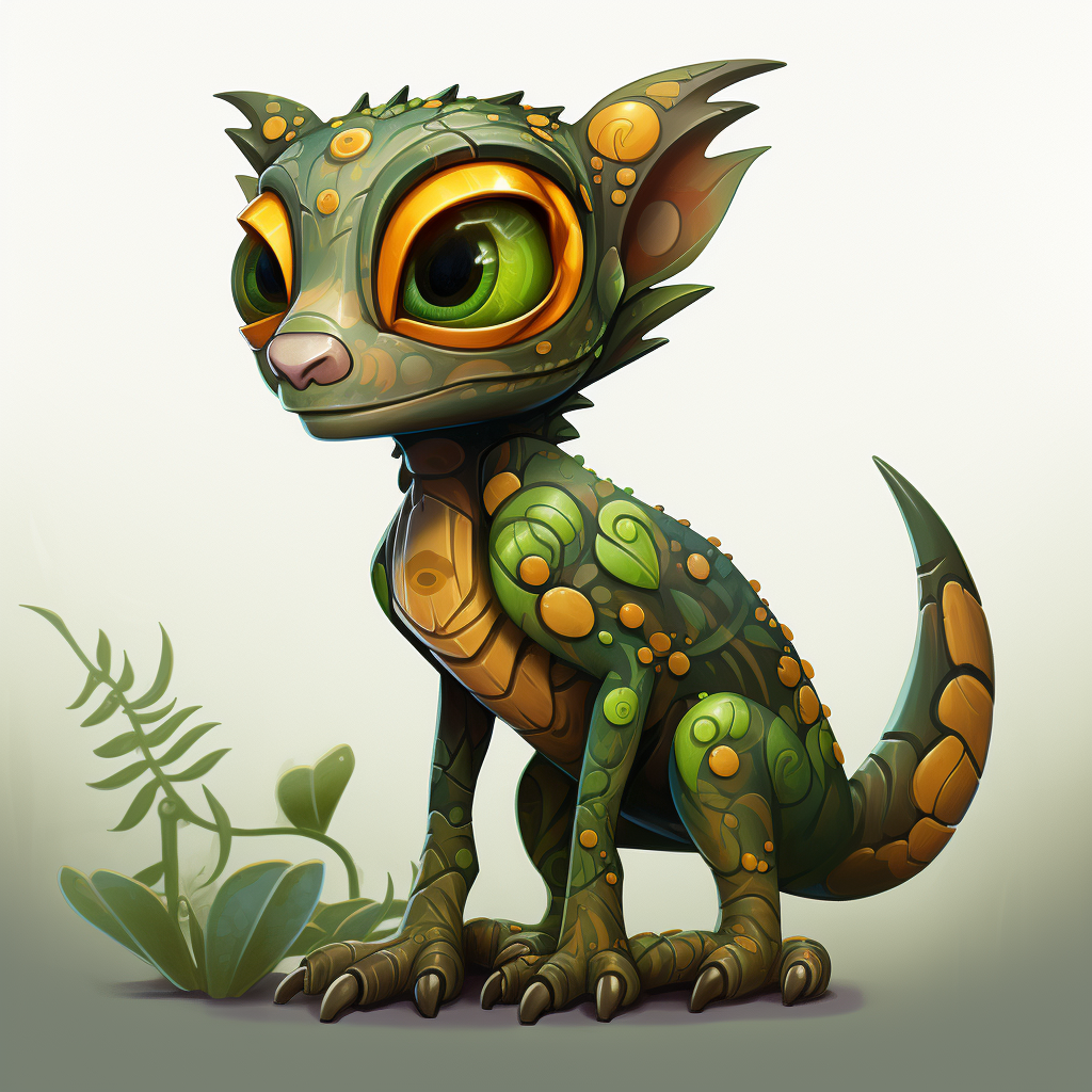 Playful leafy monster with agile pose and winged patterns