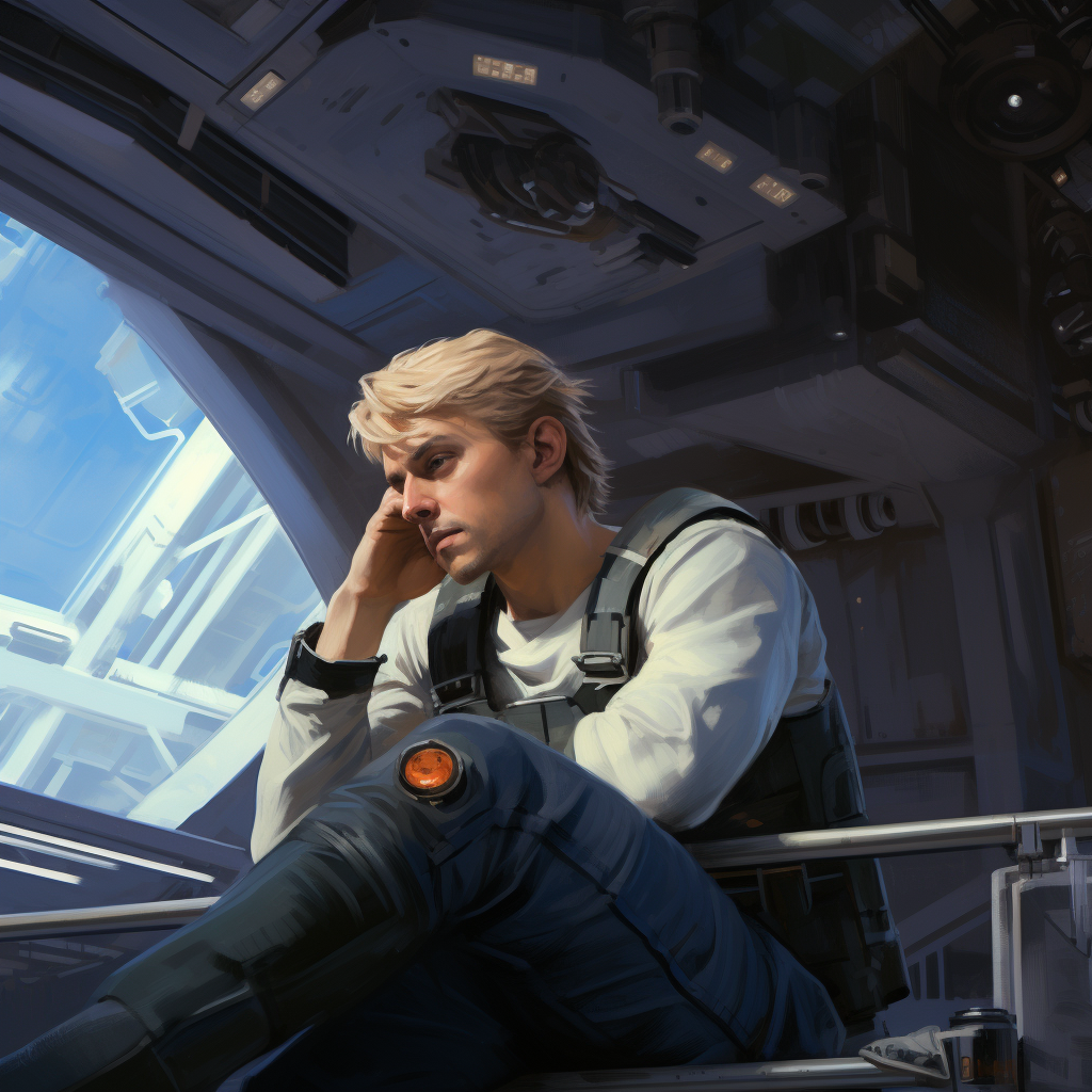 Blonde male sipping coffee on spaceship