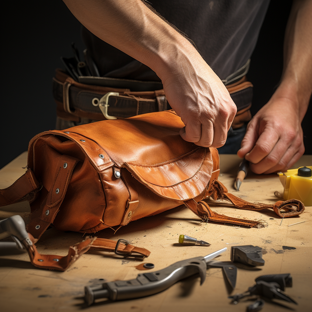 Skilled hands crafting leather bags