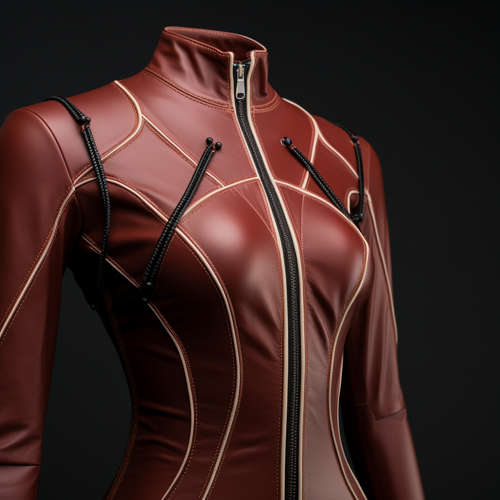 Stylish leather bodysuit with decorative seams and zipper