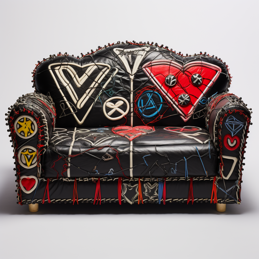 Leather couch with intricate embroidery