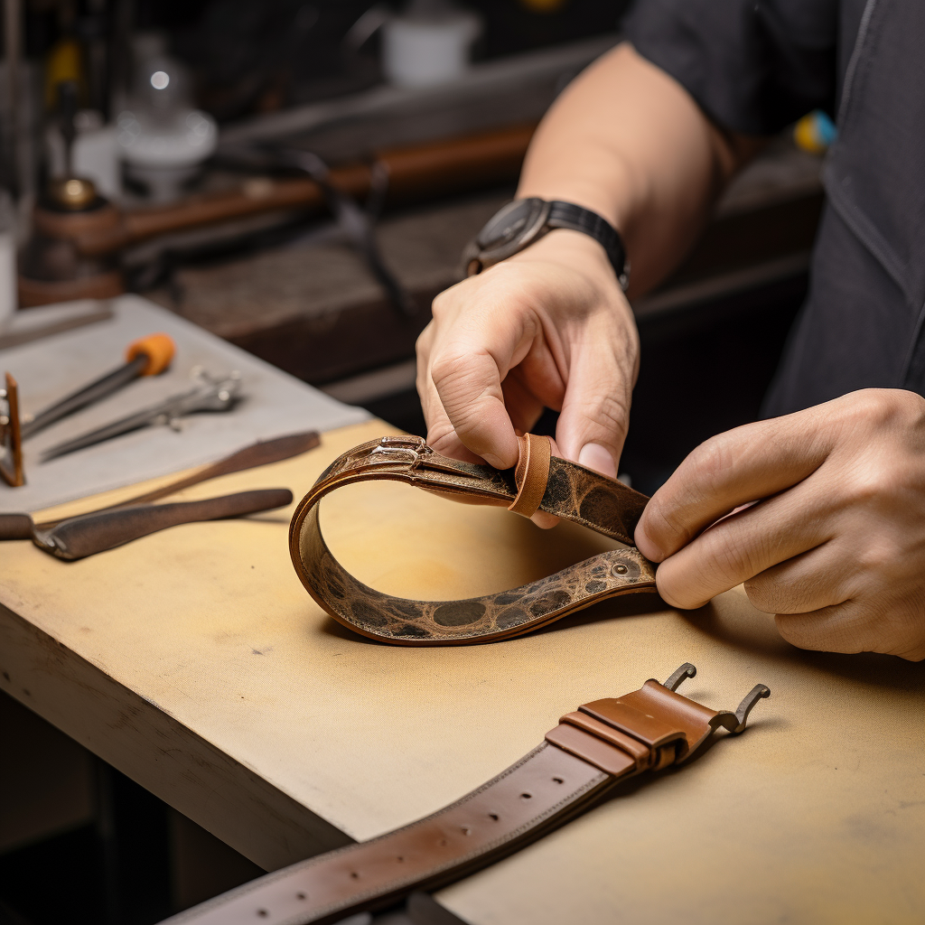 Skilled leather worker crafting watch strap