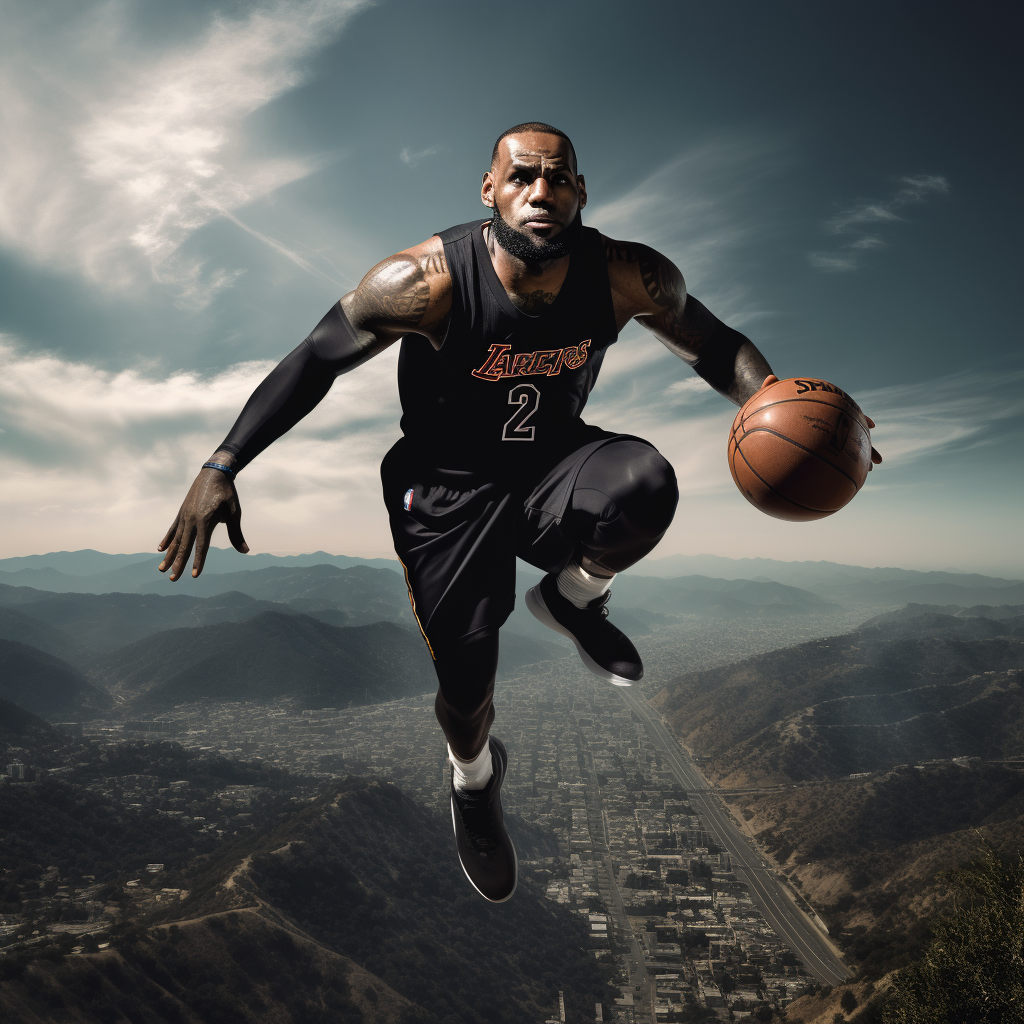 LeBron James dunking over Hollywood sign