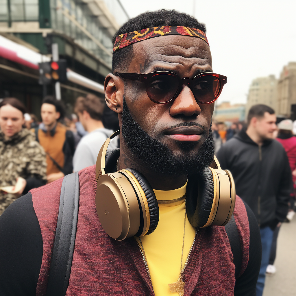 LeBron James lookalike wearing speaker outfit