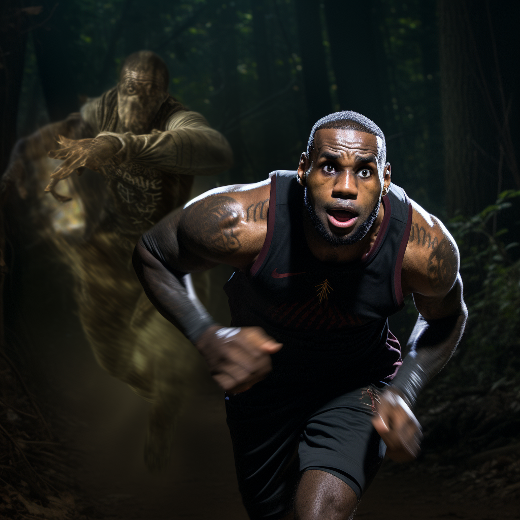 Lebron James being chased by a scary monster