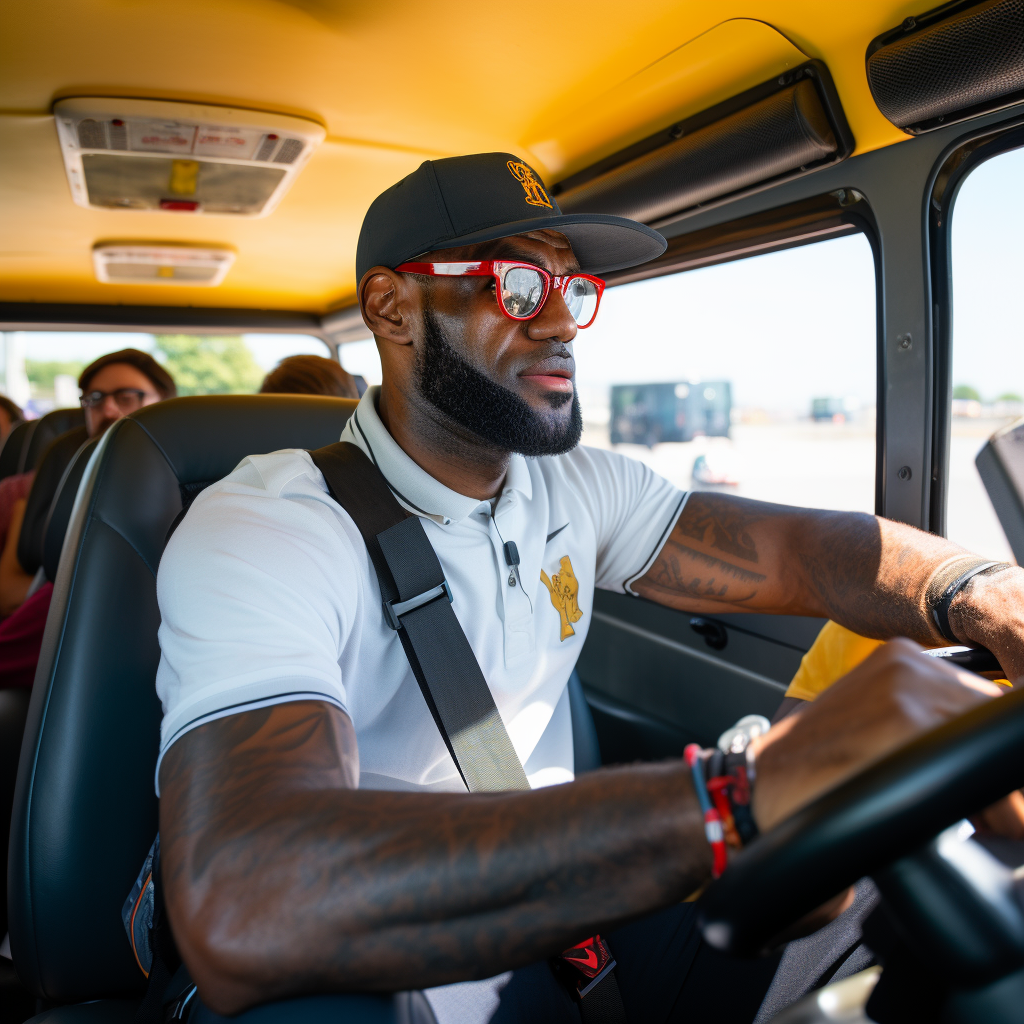 LeBron James driving a school bus