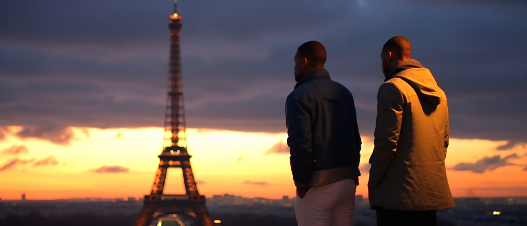 LeBron James and Stephen Curry admiring Eiffel Tower at sunset