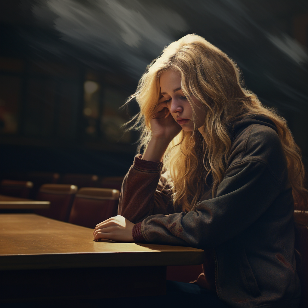 Blonde college woman studying at lecture hall desk