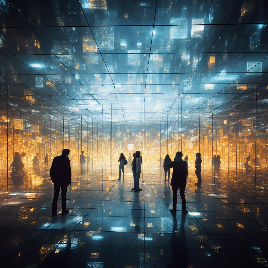 Couples hugging in LED panel room